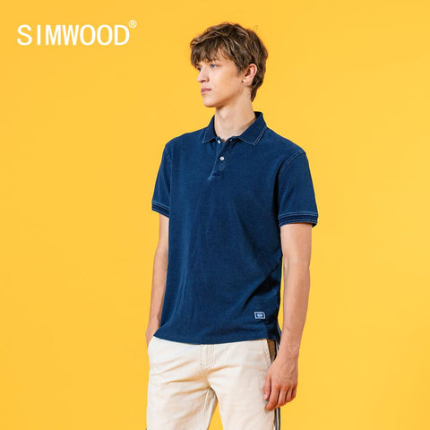 SIMWOOD 2020 summer new Indigo wash vintage polo classcial 100% cotton denim blue polo shirts plus size breathable tops SJ130644