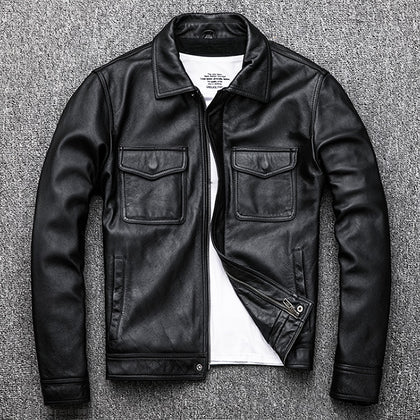 Free Shipping.Genuine Leather jacket.Winter warm casual black Men cowhide clothes.quality plus size leather coat.54-56 slim